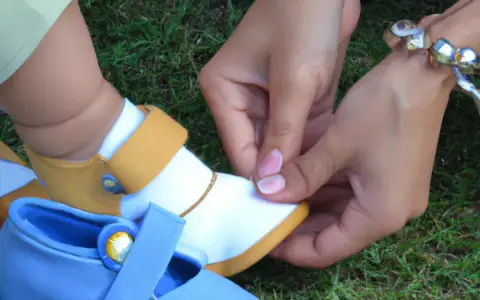 Manos cuidadosas ponen zapatos a un bebé. Un zapato blanco y amarillo espera, mientras otro azul yace cerca.