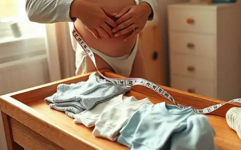 Ropa doblada en una mesa de madera, lista para un niño de talla 3 años. Una cinta métrica rodea el abdomen.