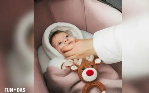Bebé recién nacido envuelto en manta rosa, con un peluche de reno. Una mano le acaricia la mejilla, como si fuera a poner calcetines a los bebé recién nacido.