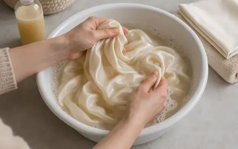 Manos lavando seda en agua con vinagre para un cuidado delicado.