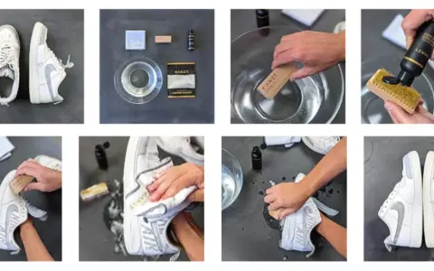 Proceso de lavar zapatillas a mano con cepillo y limpiador. Se muestra el material y los pasos para dejarlas como nuevas.