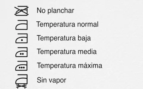 Iconos de cuidado de ropa: no planchar, temperatura normal, baja, media, máxima y sin vapor. Guía para la temperatura lavadora.
