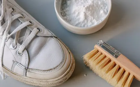 Un zapato de piel clara, un cepillo y un cuenco con polvo blanco, listo para aprender como limpiar zapatos de piel clara.