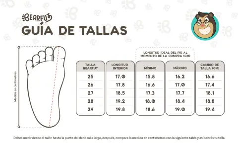 Guía de tallas Bearfuz. Muestra cómo medir el pie para encontrar la talla correcta, ideal para un niño de 6 años.