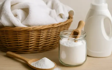 Cesta con ropa blanca, un frasco de bicarbonato y una botella de detergente. ¡Cuidado! el bicarbonato estropea la ropa de color.