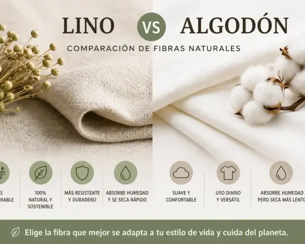 Comparación de lino y algodón. El algodón es suave, confortable y versátil para uso diario, absorbe humedad pero seca más lento.