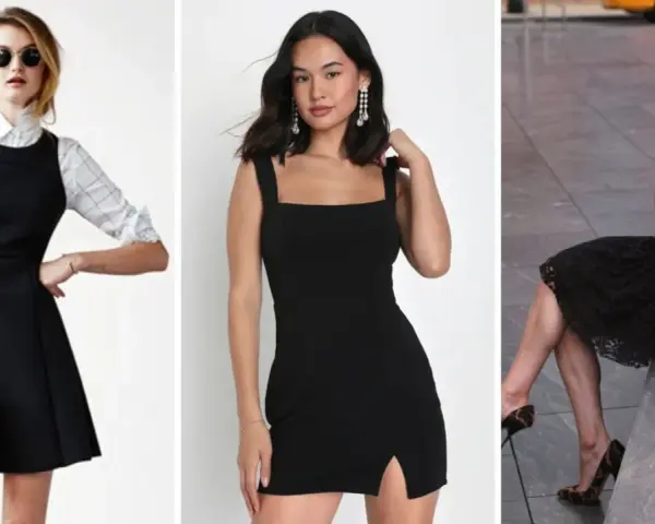 Tres looks con vestido negro: uno con camisa a cuadros y bolso beige, otro minimalista con pendientes largos, y el último con encaje, lazo y bolso animal print. Complementos y zapatos para vestido negro.