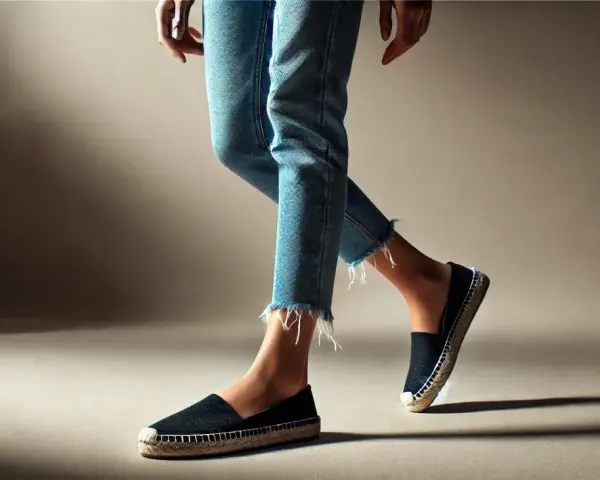 Mujer con vaqueros desgastados y alpargatas negras, un look casual perfecto para combinar alpargatas mujer.