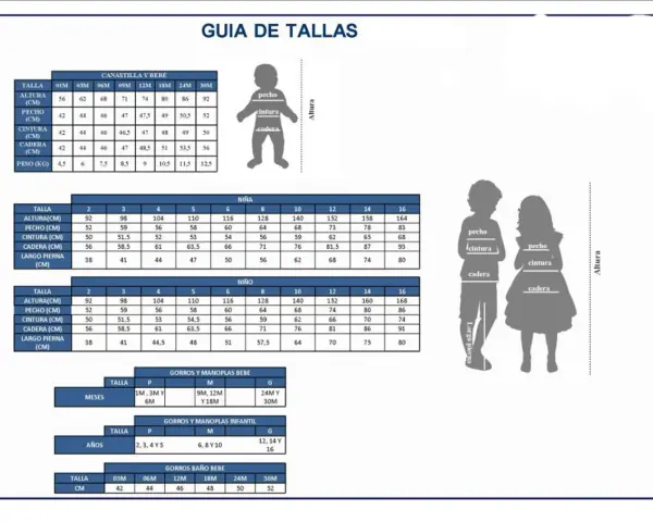 Guía de tallas con siluetas de niños y tablas. Busca la talla niño 6 años en la sección "Niña" o "Niño".