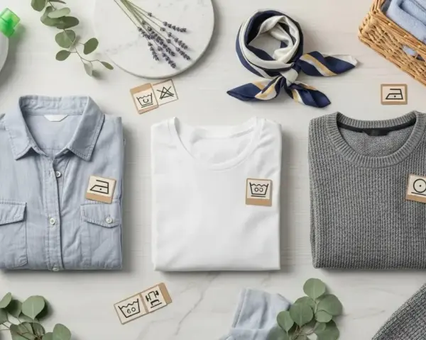Organiza tu ropa para lavarla: camisa azul, camiseta blanca y suéter gris con símbolos de cuidado. Detergente ecológico y lavanda.