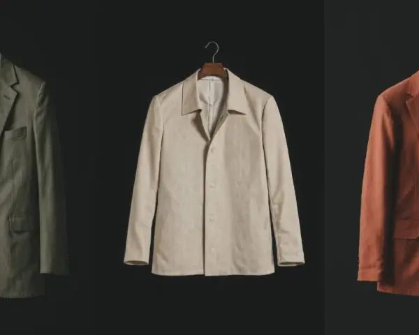 Tres chaquetas de lino en tonos verde, beige y terracota, un ejemplo de slow fashion atemporal y de calidad.