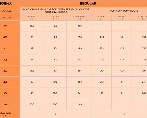 Tabla de tallas de calzado: talla 5 en España corresponde a 39, con medidas de largo, ancho y contorno para diferentes modelos.