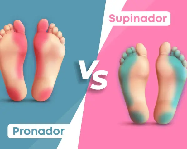 Comparación de tipos de pisadas al caminar: pronador (rojo) y supinador (azul).