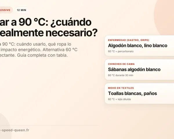 Guía sobre a qué temperatura se lava la ropa blanca. Muestra opciones como 60°C para sábanas y toallas, y 90°C para desinfección.