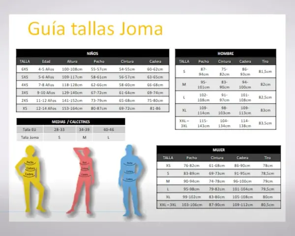 Guía de tallas Joma para niño de 8 años: altura 118-128cm, pecho 62-66cm, cintura 58-60cm, cadera 66-68cm.