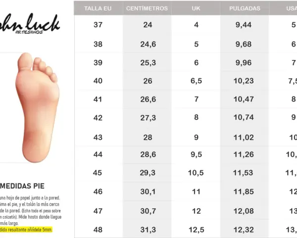Tabla de tallas de zapatos John Luck. Un pie ilustrado a la izquierda. La talla 10 en USA corresponde a 43 EU y 28 cm.