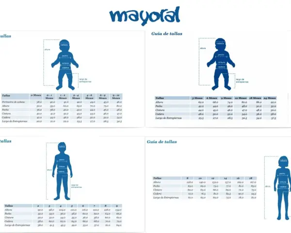 Guía de tallas Mayoral: ¿cuánto calza una niña de 3 años? Altura aprox. 98 cm, pecho 54 cm, cintura 52 cm, cadera 62 cm.