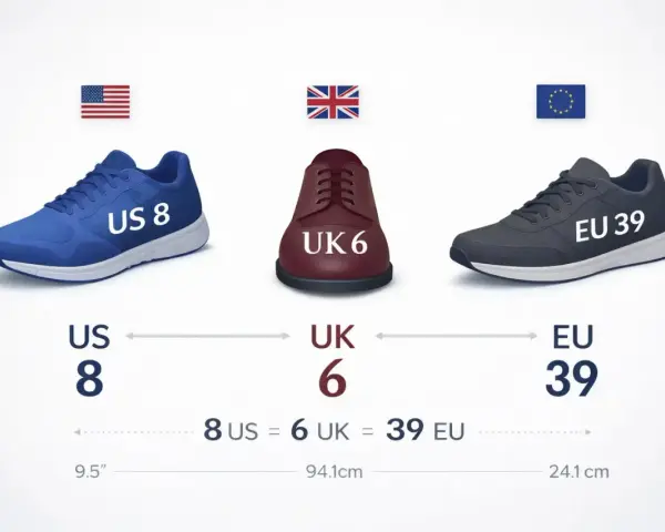 Tres zapatos de diferentes tallas (US 8, UK 6, EU 39) con sus banderas correspondientes.