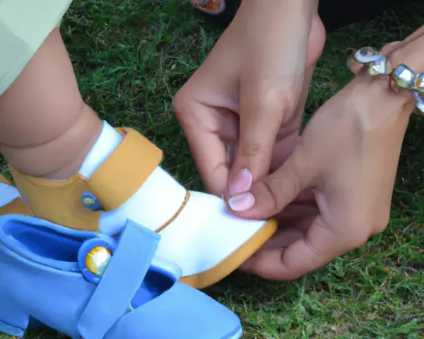 Manos cuidadosas ponen zapatos a un bebé. Un zapato blanco y amarillo espera, mientras otro azul yace cerca.