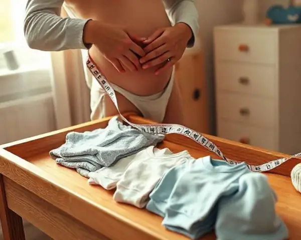 Ropa doblada en una mesa de madera, lista para un niño de talla 3 años. Una cinta métrica rodea el abdomen.
