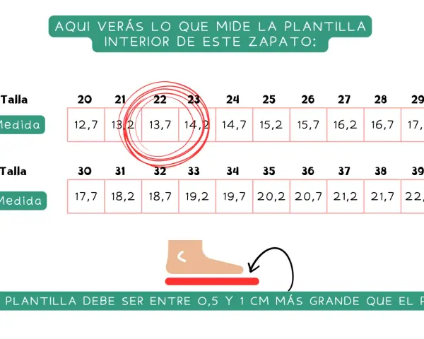 Tabla de tallas de zapatos. Muestra cómo cuanto crece el pie de un niño de 2 años, con medidas de 13,2 cm (talla 21) a 14,2 cm (talla 23).