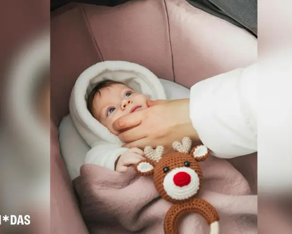 Bebé recién nacido envuelto en manta rosa, con un peluche de reno. Una mano le acaricia la mejilla, como si fuera a poner calcetines a los bebé recién nacido.