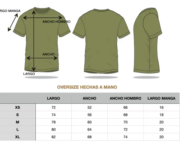 Tabla de medidas para camisetas oversize. Una talla 9 1/2 en Europa podría corresponder a una M o L según estas medidas.