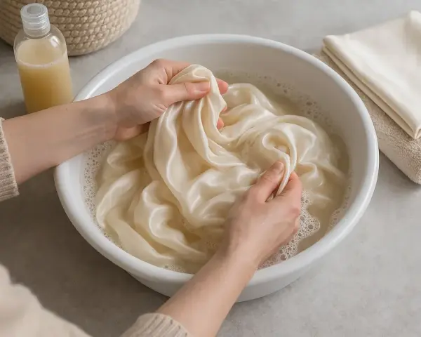 Manos lavando seda en agua con vinagre para un cuidado delicado.