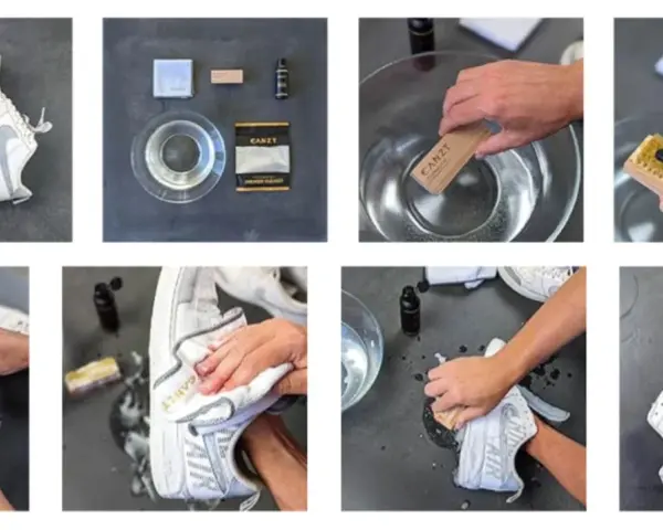 Proceso de lavar zapatillas a mano con cepillo y limpiador. Se muestra el material y los pasos para dejarlas como nuevas.