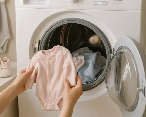 Manos sostienen un mameluco rosa para bebé, listo para meterlo en la lavadora. Aprende cómo lavar ropa de bebé fácilmente.