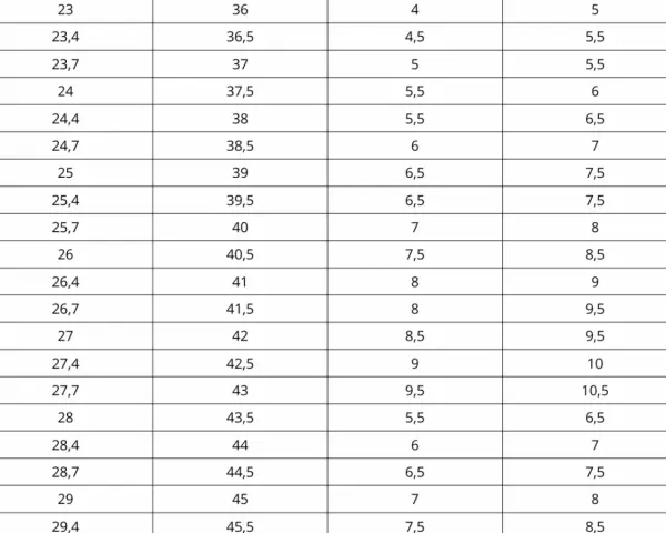 Tabla de tallas de calzado: de 8 americano a europeo, con medidas en centímetros y tallas europeas.