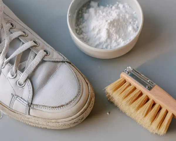 Un zapato de piel clara, un cepillo y un cuenco con polvo blanco, listo para aprender como limpiar zapatos de piel clara.