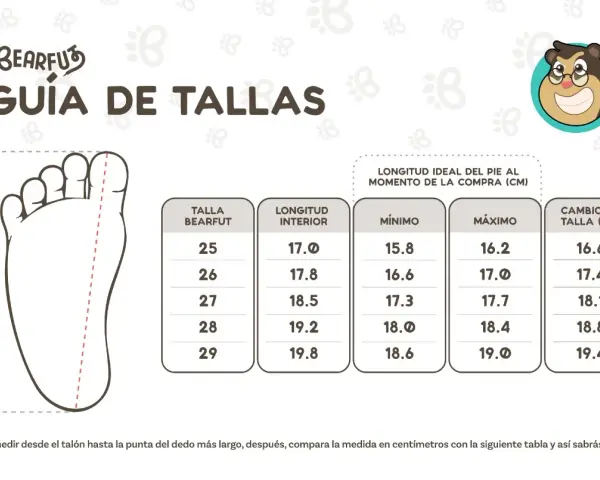 Guía de tallas Bearfuz. Muestra cómo medir el pie para encontrar la talla correcta, ideal para un niño de 6 años.