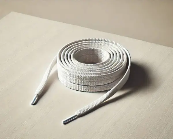Rollo de cordones blancos con puntas metálicas, listos para limpiar y dar nueva vida a tus zapatillas.