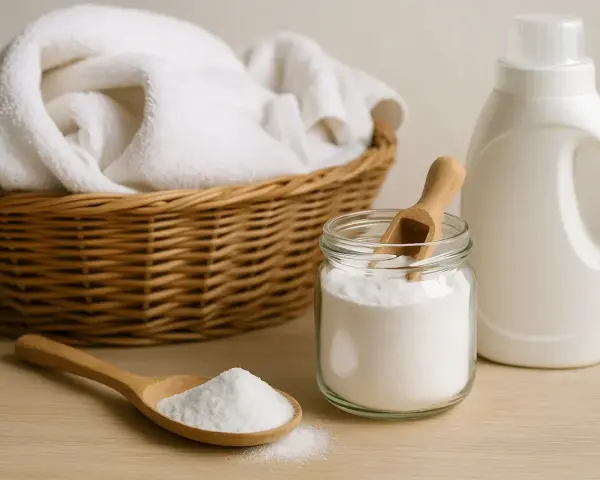 Cesta con ropa blanca, un frasco de bicarbonato y una botella de detergente. ¡Cuidado! el bicarbonato estropea la ropa de color.