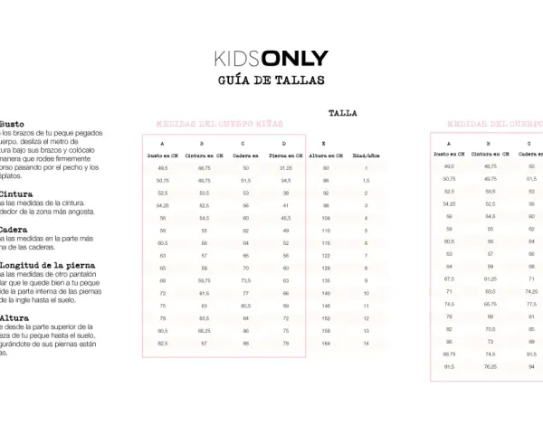 Guía de tallas para niños. Tabla de medidas para encontrar la talla correcta, ideal para un niño de 5 años.