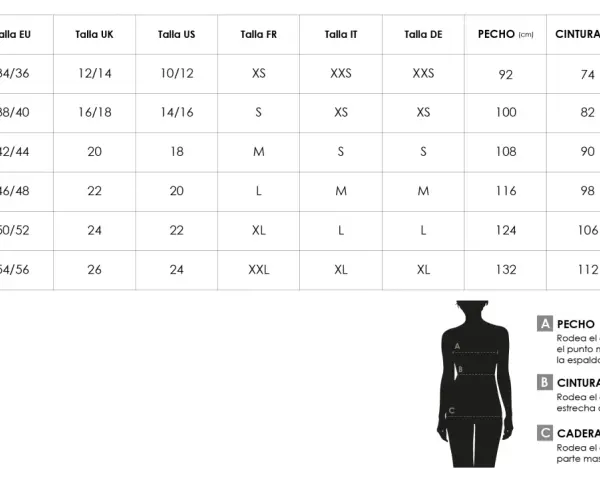 Tabla de tallas: talla 12 usa en España equivale a talla L europea. Incluye medidas de pecho, cintura y cadera.