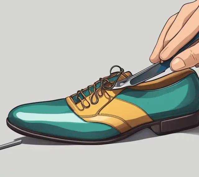 Mano ajustando un zapato de cuero con punta estrecha y cordones.