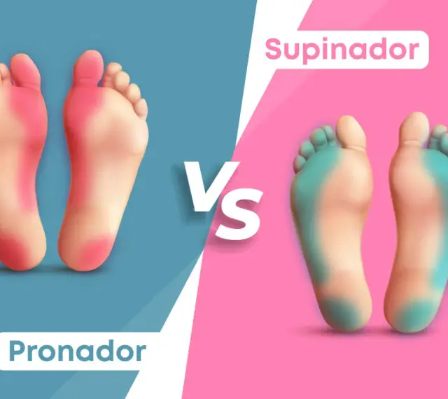 Comparación de tipos de pisadas al caminar: pronador (rojo) y supinador (azul).