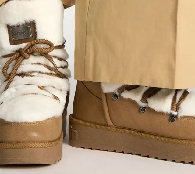 Botas de invierno marrones con forro de pelo blanco y cordones. Perfectas para limpiar y mantenerlas impecables.