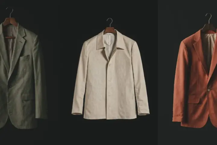 Tres chaquetas de lino en tonos verde, beige y terracota, un ejemplo de slow fashion atemporal y de calidad.