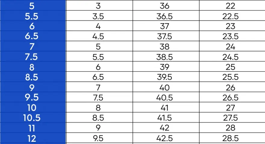 Tabla de equivalencias de tallas de calzado: US, UK, EU y CM. Una talla 8 US equivale a una talla 39 en España (EU).