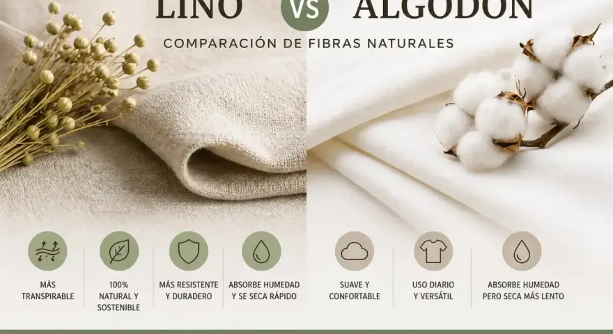 Comparación de lino y algodón. El algodón es suave, confortable y versátil para uso diario, absorbe humedad pero seca más lento.