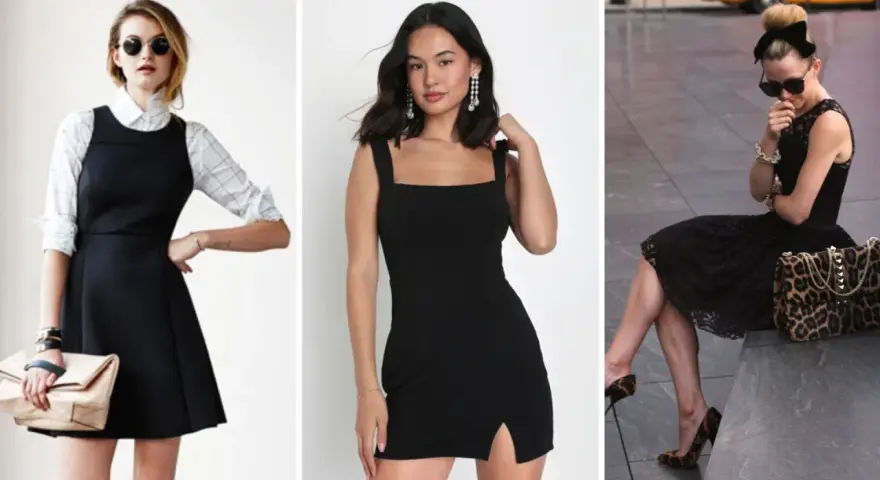 Tres looks con vestido negro: uno con camisa a cuadros y bolso beige, otro minimalista con pendientes largos, y el último con encaje, lazo y bolso animal print. Complementos y zapatos para vestido negro.
