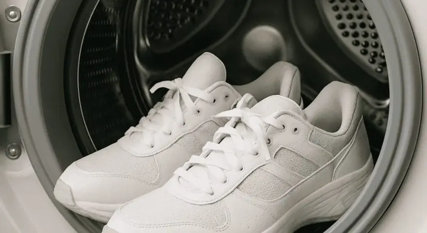 Zapatillas blancas listas para lavar en lavadora. Descubre a qué temperatura lavar zapatillas para que queden como nuevas.