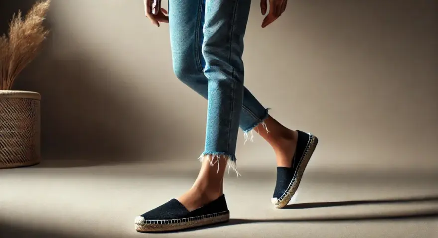 Mujer con vaqueros desgastados y alpargatas negras, un look casual perfecto para combinar alpargatas mujer.