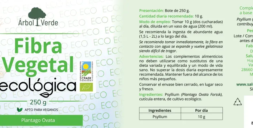 Bote de fibra vegetal ecológica de Plantago Ovata (psyllium), 250g. Ideal para el tránsito intestinal.