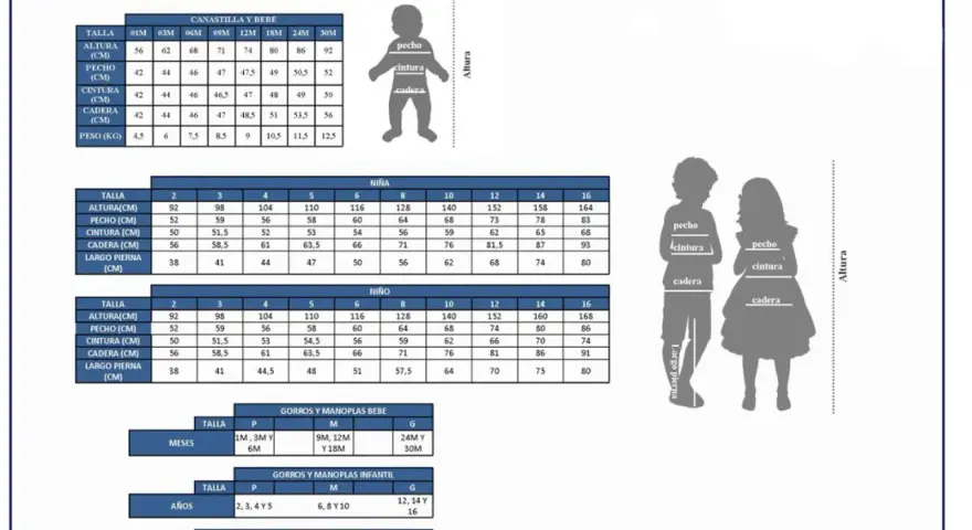 Guía de tallas con siluetas de niños y tablas. Busca la talla niño 6 años en la sección "Niña" o "Niño".