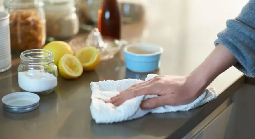 Mano limpiando una encimera con un paño blanco, junto a un frasco de bicarbonato y limones.