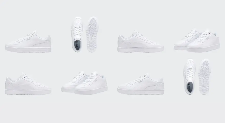 Varias zapatillas blancas de piel Puma, perfectas para limpiar y mantener impecables.